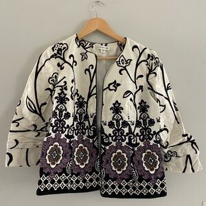 Coldwater Creek Cream Jacket with Black Floral & Purple Trim